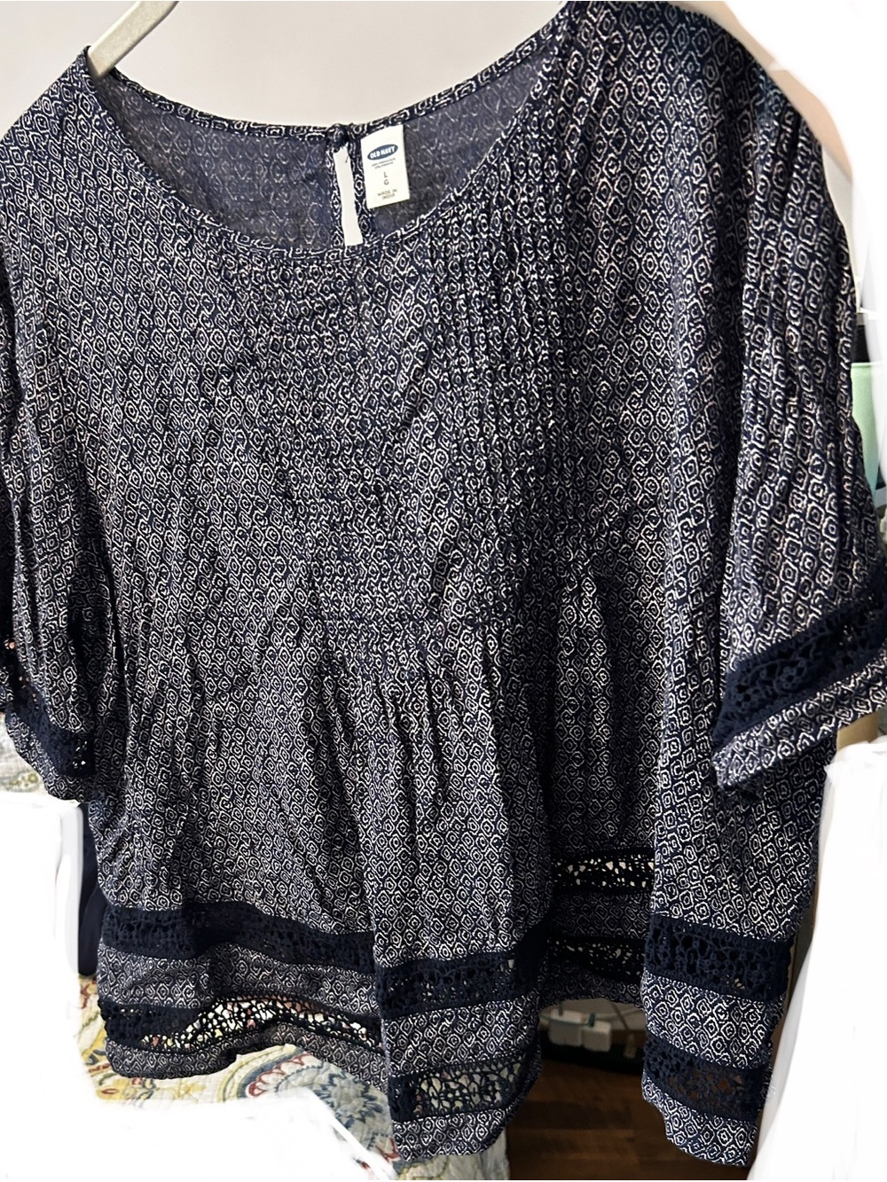 Old Navy Printed Peasant Blouse with Crochet Trim - L